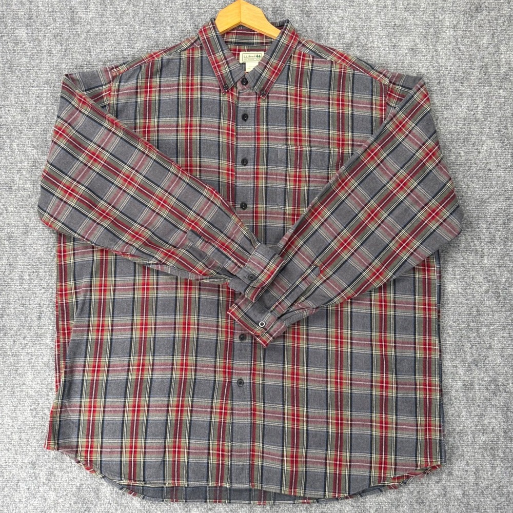 L.L.Bean Scotch Plaid Flannel Shirt Men's XXL Tall Red Gray Cotton Button Down